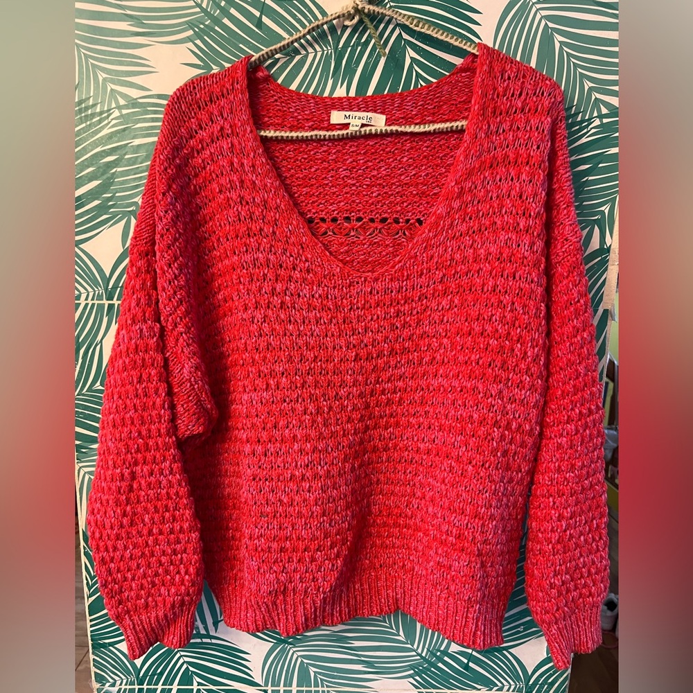 Miracle red and pink crochet sweater vneck s/m